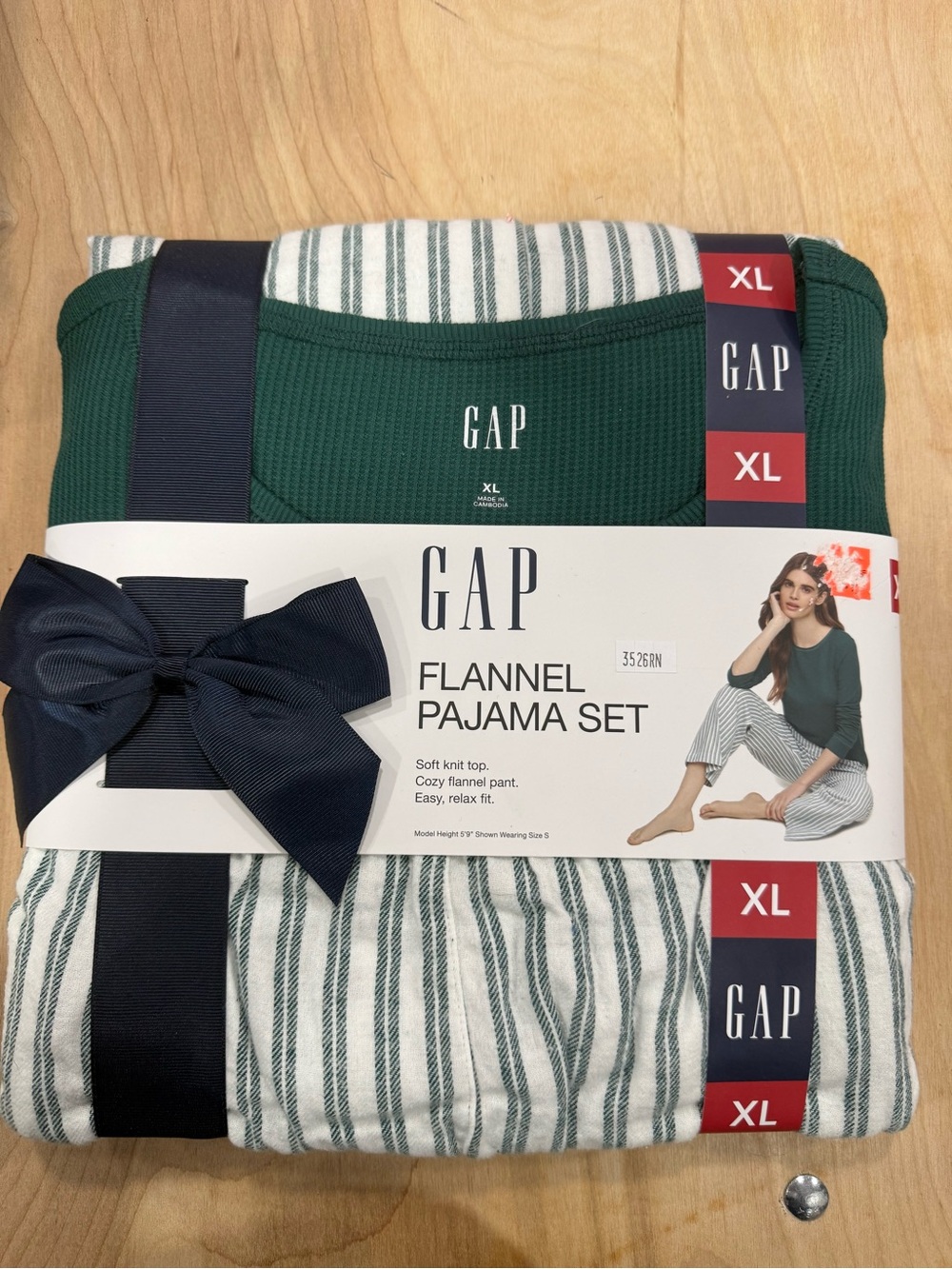 GAP Green Waffle Knit Top with White & Green Striped Flannel Pajama Set